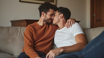 Obraz premium Close up young happy couple two gay men wear casual clothes together hug kiss shoulder sit on sofa couch at home flat rest spend free spare time in living room. Pride day june month love lgbtq concept