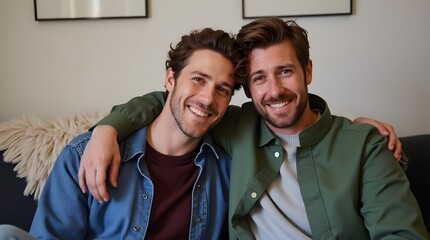 Close up young happy couple two gay men wear casual clothes together hug kiss shoulder sit on sofa couch at home flat rest spend free spare time in living room. Pride day june month love lgbtq concept