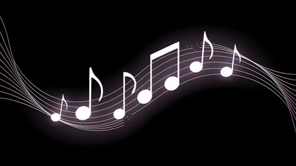 Musical Wave: Elegant white musical notes dance along a flowing, ethereal wave against a deep black background, creating a visually captivating image perfect for music-related projects.