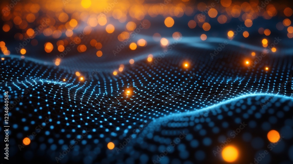 Poster close up view of computer screen displaying abstract glowing network connections in focus