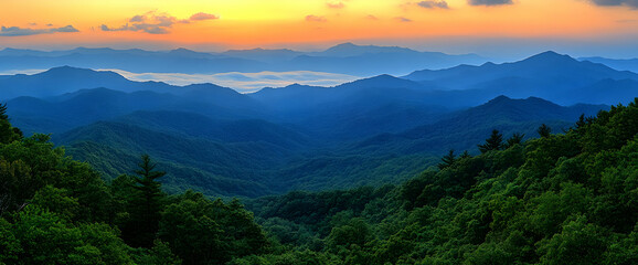 Serene Sunset Landscape Over Lush Green Mountains