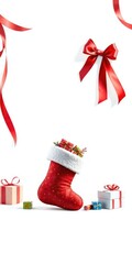 Red Christmas stocking overflowing with colorful gifts on a bright white background with a ribbon around the top, holiday storage, festive colors