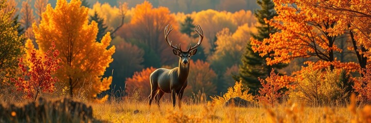 Obraz premium Red deer stag in the midst of a colorful autumn landscape with warm golden light and vibrant foliage, nature, fall