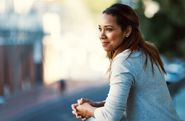 Balcony, thinking or businesswoman in office with vision for daydreaming, creative ideas or...