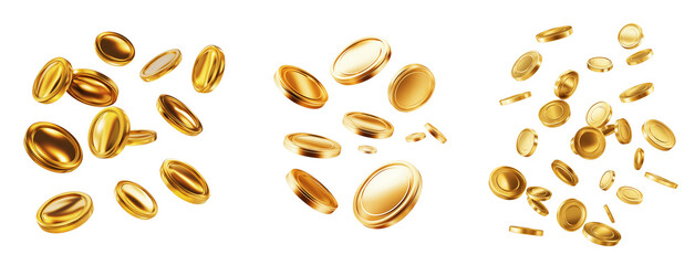 3D realistic gold coins floating or flying isolated on white or transparent background