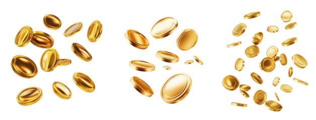 3D realistic gold coins floating or flying isolated on white or transparent background