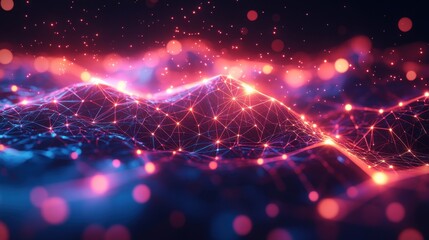 Complex geometric mesh design with neon pink and blue lights on a dark background