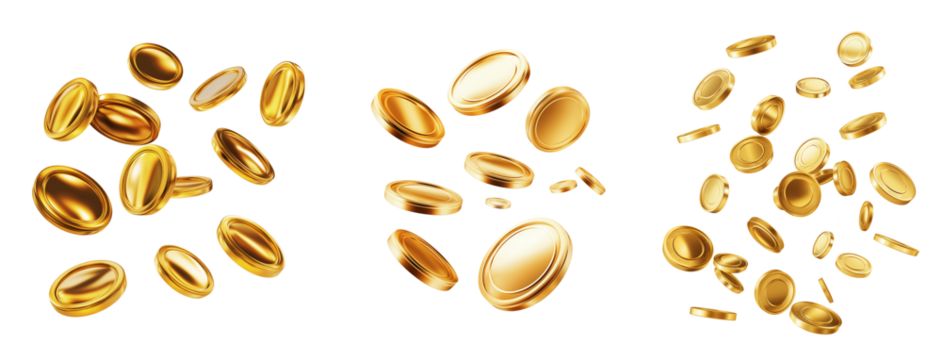 3D realistic gold coins floating or flying isolated on white or transparent background