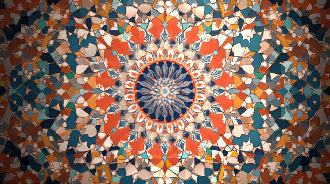 high-resolution abstract mandala art: intricate kaleidoscopic stained glass design in digital terracotta, teal, and orange mosaic pattern for decorative wallpaper and home decor illustration