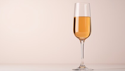A sleek glass filled with golden champagne sits elegantly on a light surface, showcasing its bubbly texture against a soft, neutral background.