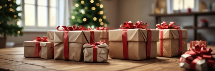 Presents wrapped in paper with bows on a table, colorful paper, festive decorations, wrapped presents