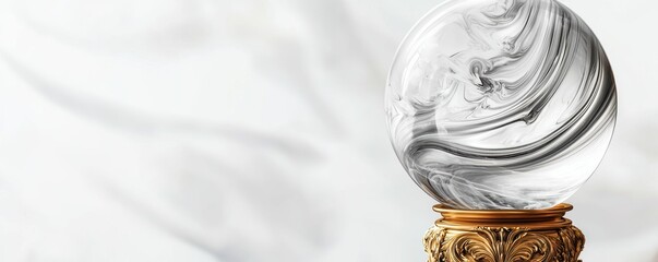 A crystal ball with swirling patterns sits elegantly atop a golden pedestal, set against a soft, light-colored background.