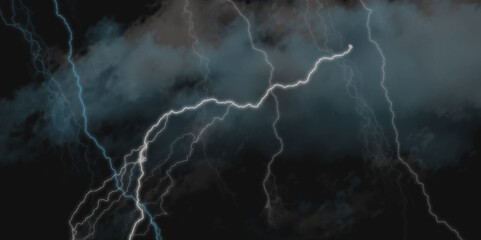 Thunder Stock Image In Black Background. Massive lightning bolt with branches isolated on black background.
