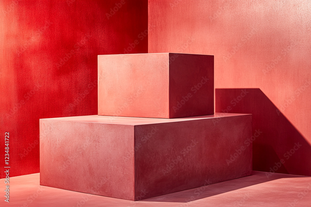 Aufkleber Red geometric blocks arranged in a minimalistic style against a matching red background, symbolizing simplicity, modernity, and design.