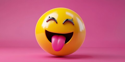 Fototapeta premium 3D render of a yellow, happy emoji with its tongue out, against a pink background,