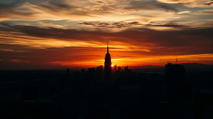 Obraz premium Fiery sunset illuminating city skyline with prominent skyscraper silhouette