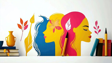 Women history honors heritage and diversity. It marks progress and inspires celebration. Colorful Abstract Illustration of Three Female Profiles