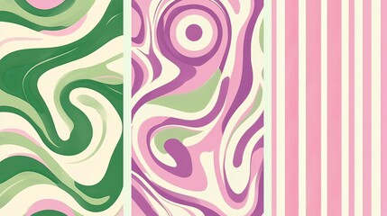 Fototapeta premium Three 1960s-inspired designs with swirling psychedelic effects