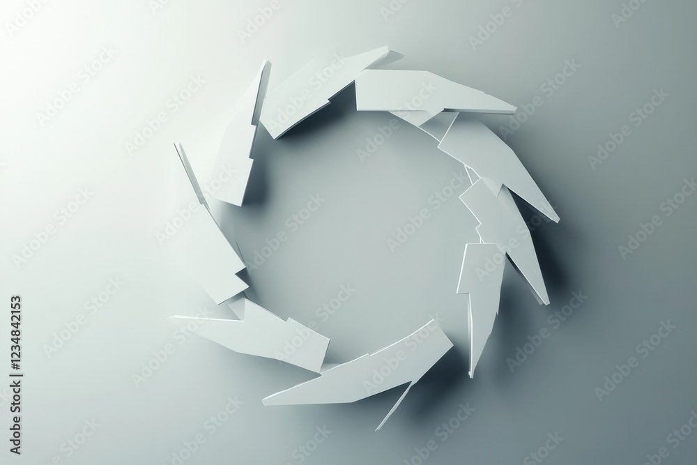 Poster Artistic arrangement of white geometric shapes creating a circular form on a light background. Generative AI