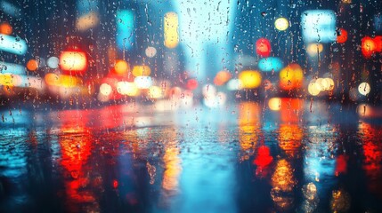 Rainy night cityscape with reflections and bokeh lights on wet pavement during rain