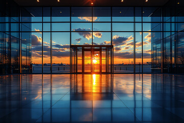 Fototapeta premium Modern Airport Terminal at Sunset, Reflecting Tranquility