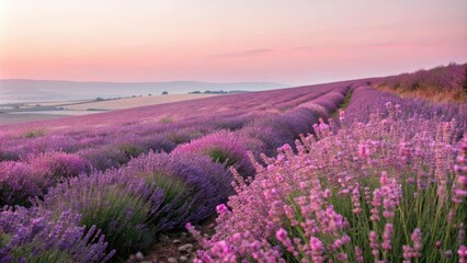 Obraz premium Pink and purple lavender fields in full bloom against a soft pink background, petals, serene