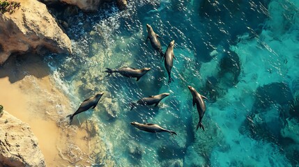 Aerial view of sea lions swimming in clear blue waters near a sandy beach.