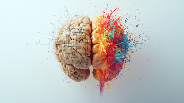 A conceptual human brain illustration, left side realistic with mathematical symbols, right side vibrant with animated paint splashes, all on a clean white background.
