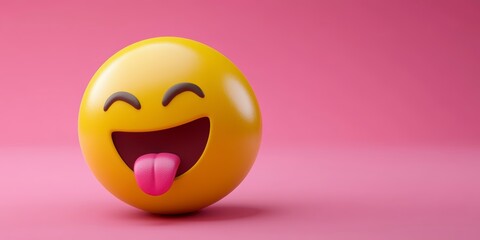 Fototapeta premium 3D render of a yellow, happy emoji with its tongue out, against a pink background,