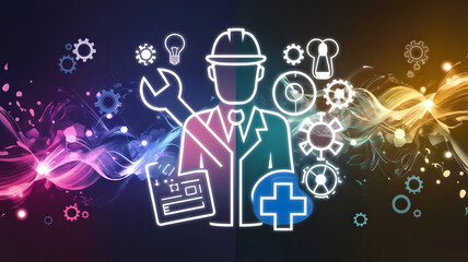 Technician Support: A stylized illustration of a technician, depicted with tools and technical symbols, set against a vibrant, colorful abstract background. This image symbolizes expertise.
