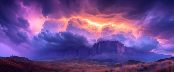 Dramatic Sunset Landscape with Purple and Orange Clouds over Mountains