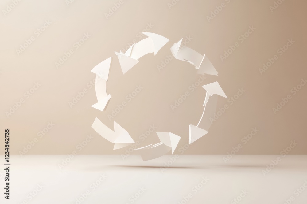 Poster creative arrangement of paper arrows in a circular motion against a neutral background showcasing mo