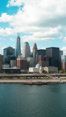 Obraz premium Panoramic view of Detroit Michigan skyline featuring iconic buildings and the Detroit River, downtown, skyscrapers, downtown