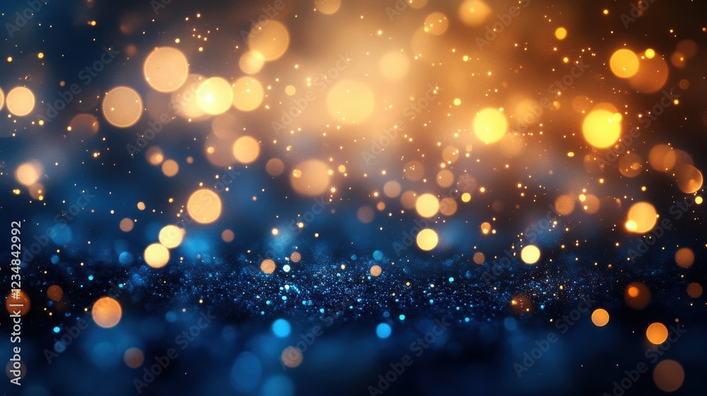 Poster bokeh light reflections in deep blue and gold creating a mesmerizing abstract background
