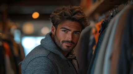 Obraz premium Man browsing clothes in store with blurred background