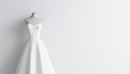 A beautiful white wedding dress drapes elegantly on a mannequin against a minimalistic background, showcasing its timeless design.