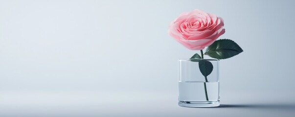 A delicate pink rose is displayed in a simple glass vase against a minimalist background, showcasing its elegance and beauty.