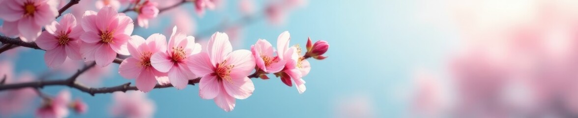 Soft pink blossoms dance in warm breeze on gentle branch, suspended above blue horizon, horizon, branch