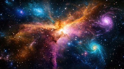Cosmic deep space nebula with vivid swirling colors and galactic elements in the universe