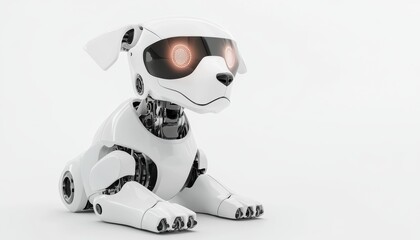 Fototapeta premium A white robotic dog with glowing eyes sits on a clean background, showcasing a blend of technology and companionship.