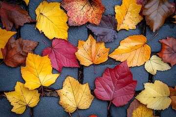 Autumn Leaves Scattered On A Dark Stone Pavement