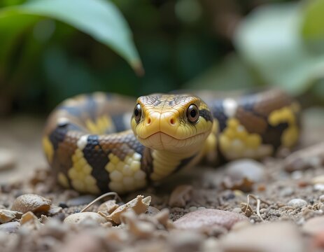 Close-up of a captivating, coiled Carpet Python. Corn snake looking at camera