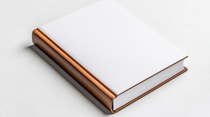 Blank White Book with Brown Wooden Spine on Gray Surface