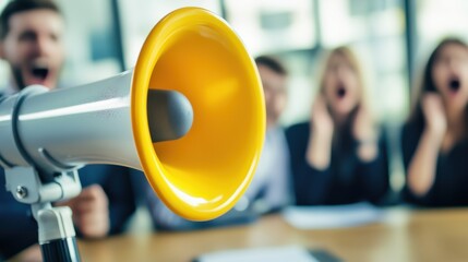 People reacting enthusiastically to a speaker using a megaphone in a bright office environment during a meeting
