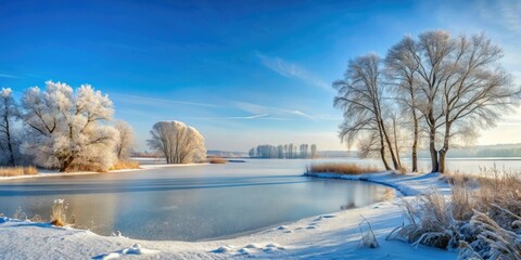 Snowy meadow with bare trees and frozen lake in the background, frozen lake, snowy hills, snowy meadow, mountainous terrain