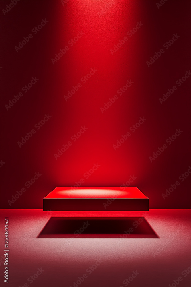 Poster minimalist red pedestal with spotlight and shadow, showcasing a modern display space for product pre