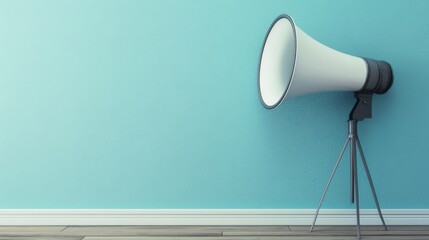 Brightly colored megaphone stands on a tripod against a pastel blue wall in a modern room