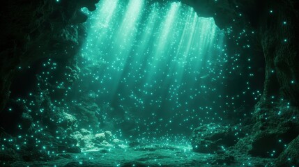 Underwater cave illuminated by glowing green bioluminescent lights in a deep ocean scene