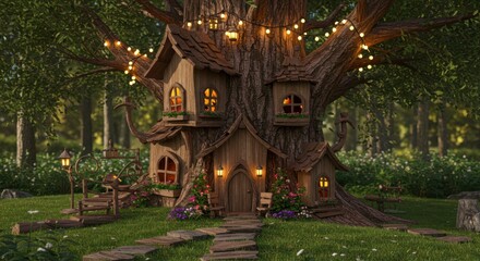 Fototapeta premium Enchanted treehouse with glowing lights in a lush forest setting
