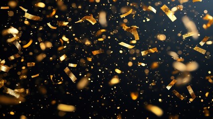 Gold confetti floating on a deep black background creating a festive celebration atmosphere
